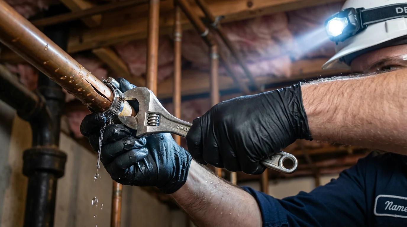 Emergency pipe clamp repair being performed by a Johns Plumbing LLC plumber in Ontonagon