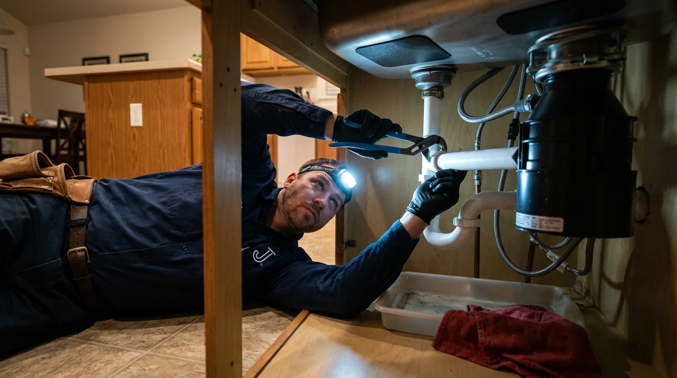 P-trap and supply line connections under a kitchen sink showing a common leak point in Ontonagon, MI